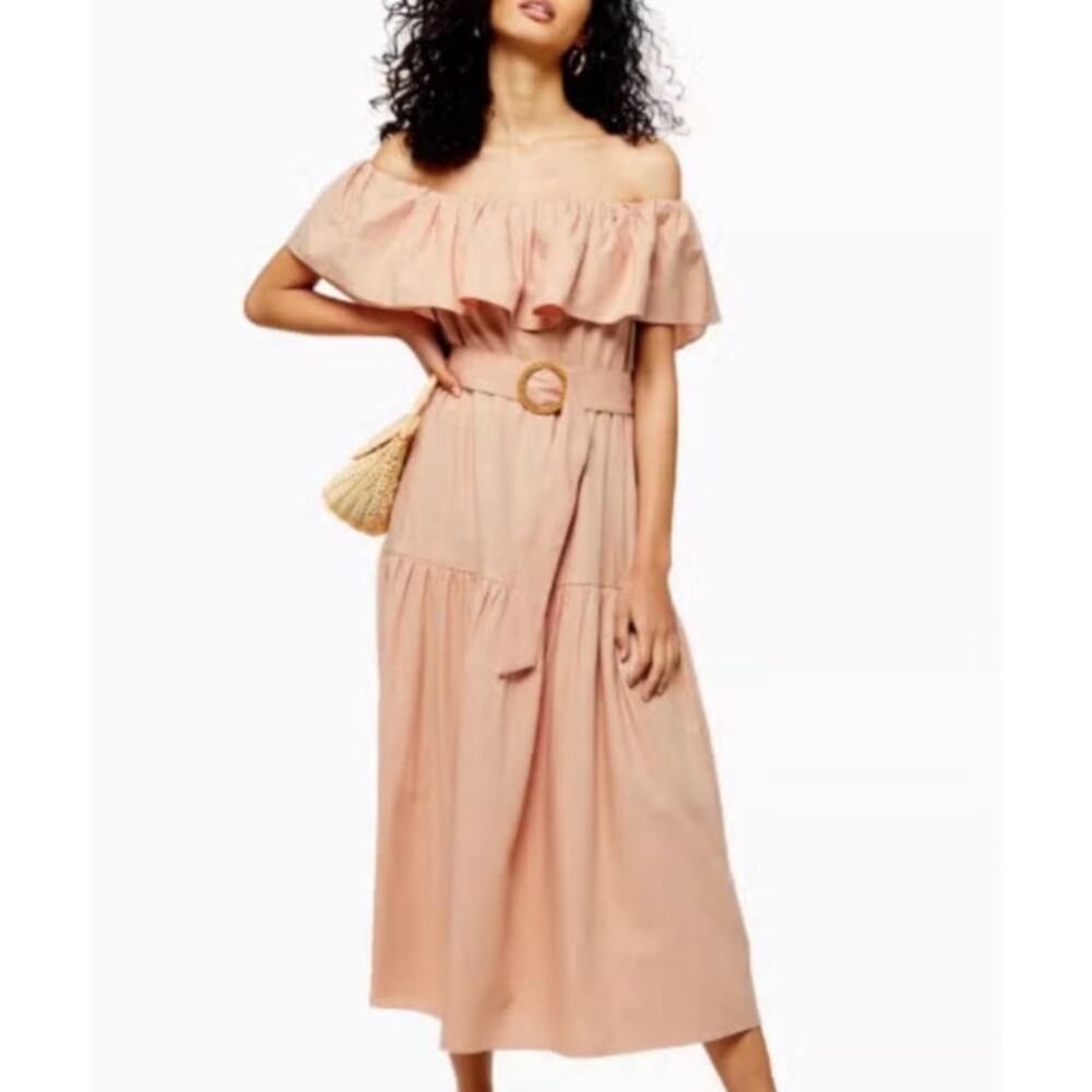 Topshop Off Shoulder Midi Dress 6 Blush Pink Linen Blend Ruffle Belt Boho Summer
